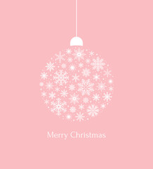 Merry Christmas greeting card. Christmas ball made of white snowflakes on a pink background. Vector illustration in flat style