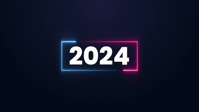 Animated 2024 sign. neon effect, Light neon on black background.