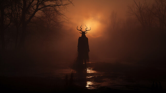 A devilish silhouette from Hades shrouded in mist illuminated from behind.