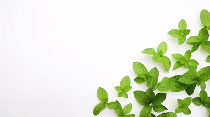 Obraz premium Mint and Peppermint leaves, in a vibrant green hue, isolated atop a white background, presented in a top-down view leaving ample space around them.