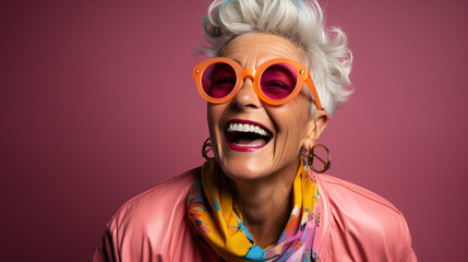 A vivacious grandmother with stylish attire and a vivid background illustrates a modernized vision of aging.
