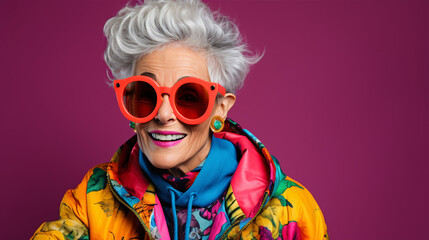 A vivacious grandmother exuding an eccentric air in fashionable apparel, depicted on a vibrant background, embodies the concept of aging gracefully.