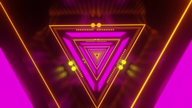 3d illustration of running in rotating purple neon triangle tunnel in pattern, for wallpaper