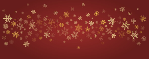Obraz na płótnie Canvas Christmas snowflakes red background. Winter gold snow falling minimal decoration, greeting card. Noel subtle backdrop. Vector illustration