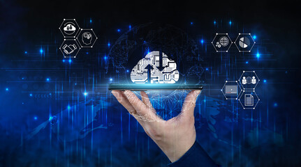 Cloud computing concept, a person's hand uses a smartphone connected to the cloud for data transfer.