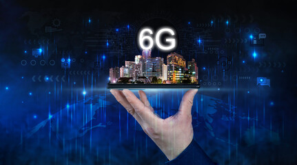 Businessman holding smartphone with map point Global network connection 6G.concept Networking technologies and social interaction.