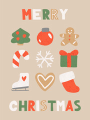 Christmas. Cute vector illustrations of winter objects - Christmas tree ball, snowflake, gingerbread man, candy cane, gift, sock. Holiday icons for greeting cards, banners or posters.