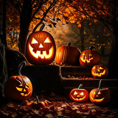 Halloween pumpkin heads on the steps in a spooky forest with trees of autumnal colors. - Halloween Backdrops Ai generative