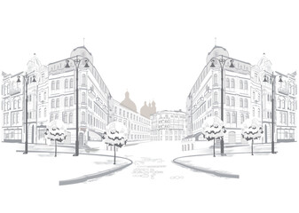 Series of street views in the old city. Hand drawn vector architectural travel background with historic buildings. Black & white sketch.