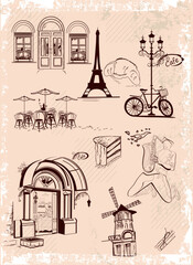 Design  with sketches of Paris and the Eiffel tower, fashion girls in hats, architectural elements. Hand drawn vector illustration.