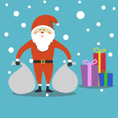 Merry Christmas and Happy new year with Santa claus hold sack with snow and gift background