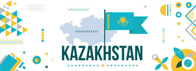 Kazakhstan national or independence day banner design for country celebration. Flag and map of Kazakhstan with  modern retro design and abstract geometric icons. Vector illustration.