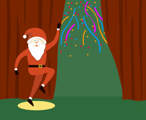 Happy new year and Merry Christmas. Santa claus opening red curtain with falling confetti on green background