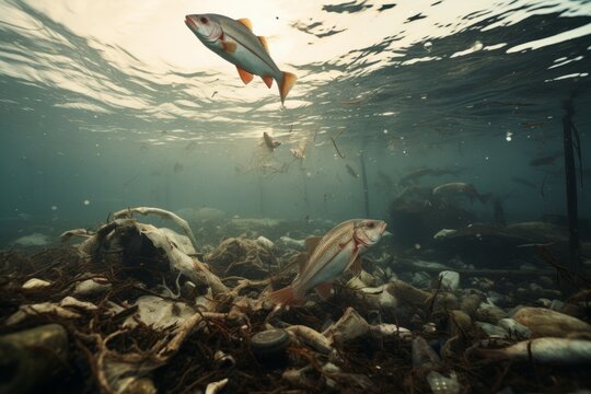 Fish swimming amidst debris and pollution