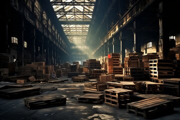 Old and dilapidated warehouse with protruding crates and a damaged roof - Powered by Adobe