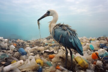 A wild bird navigating through mud amidst piles of garbage - obrazy, fototapety, plakaty