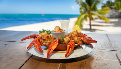 Lobster served in a restaurant on the beach
