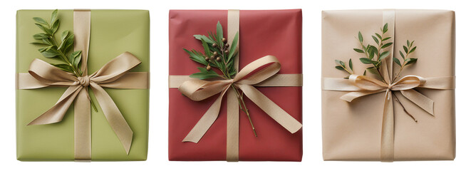 Gifts wrapped decorated with gold ribbons and plants on a transparent background - obrazy, fototapety, plakaty