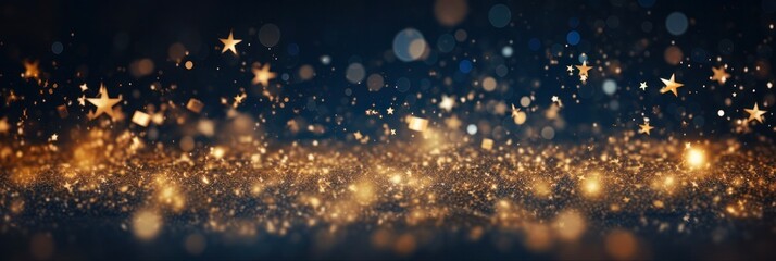 Sparkling Christmas: Golden Stars and Particles on Dark Blue Background with Bokeh and Foil Texture