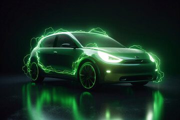 Futuristic green electric car study at studio scene with green lightning generative ai
