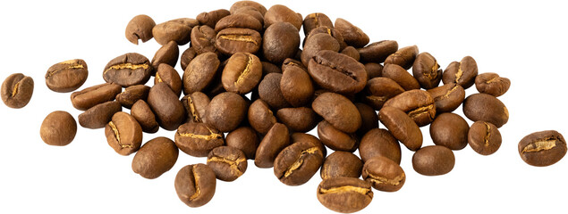 isolated coffee beans cut out on transparent background.
