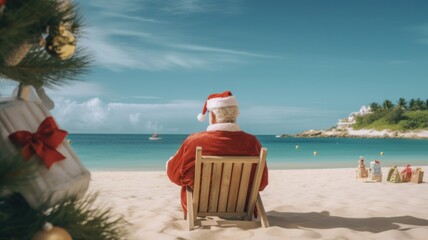 Santa Claus Relaxing on a Sandy Beach with a Christmas View from Behind for a Festive Holiday in July