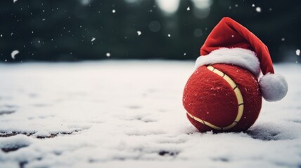 Santa's Tennis Surprise: A Creative Christmas Greeting Card with Tree, Ball, and Toy Decoration on White Snow - obrazy, fototapety, plakaty