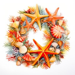 Seaside Celebration: Vibrant Starfish, Marine Flora and Bubble Wreath Watercolor Painting for Summer Christmas Festivals and Coastal Decorations.