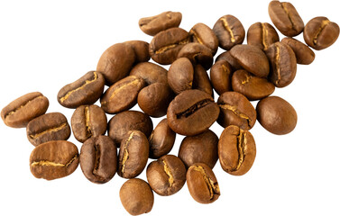 isolated coffee beans cut out on transparent background.