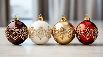 Set of different colored elegant Christmas balls against white background, AI generated