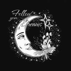 Label with crescent moon with face, stars, night butterfly, moth, crystal and star dust. Mythological fairytale, mystical concept. For clothing, apparel, T-shirts, kids design. Not AI