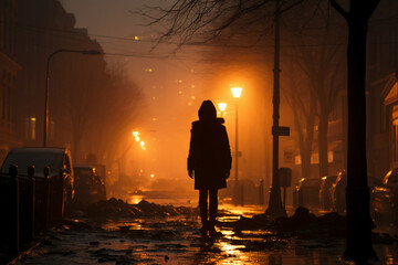 A foggy street at twilight. In the foreground. AI generative