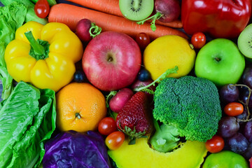 Fresh fruits, assorted fruits, colorful background. Healthy fruits and vegetables concept.