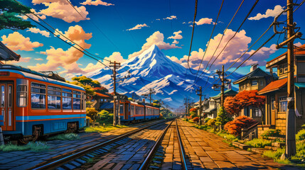 Serenity at a Japanese Town Railway Station. A Lofi Anime Comics Experience Amidst Cozy Architecture