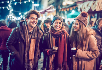 Obraz premium Winter Warmth: A Multicultural Gathering of Friends in the Snow