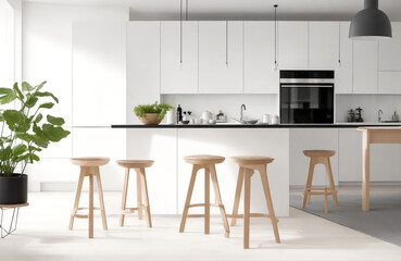 Modern scandinavian, minimalist autogenous architecture of kitchen with island, dining table and board stool.