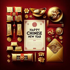 Luxurious Chinese New Year: Gold Elements on Red Background

