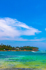 Beautiful paradise tropical beach waves palms Mirissa Beach Sri Lanka.