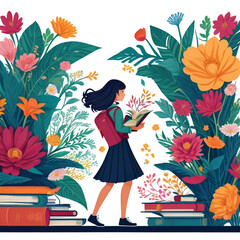 A Girl Reading Book with floral border