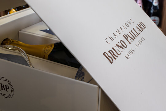 Bottle of France Champagne Bruno Paillard Extra Brut in gift box with glasses. Ukraine, Zhytomyr, October, 19, 2023