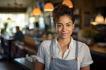 portrait of smiling poc waitress server in restaurant wearing white shirt and apron with folded arms