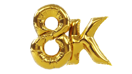 3D render of Golden eight thousand or 8k number balloons isolated on white background. 8k followers celebration.