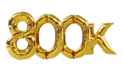 3D render of Golden eight hundred thousand or 800k number balloons isolated on white background. 800k followers celebration.