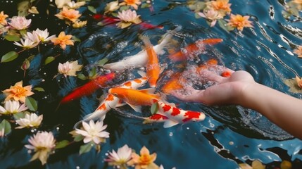 family releasing koi fish into a pond