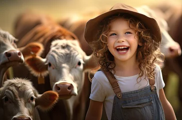 Fotobehang happy kid smiling on farm with many cows behind © Kien