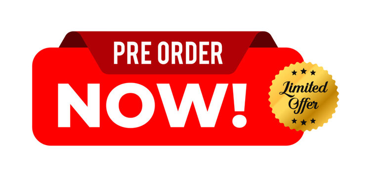 pre order now, order now modern label. For banner, icon, tag, sticker, logo, stamp, icon, symbol, sign. Vector illustration