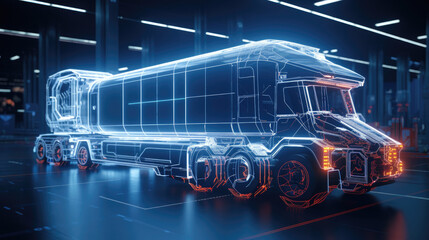 3D illustration of a wireframe futuristic truck with a trailer
