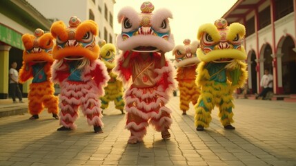 lion dance troupe performing on a traditional chinese. happy new year's