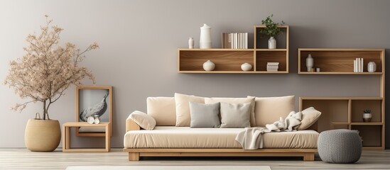 Beige and Japandi styled living room at cozy apartment furnished with elegant accessories and modern home staging