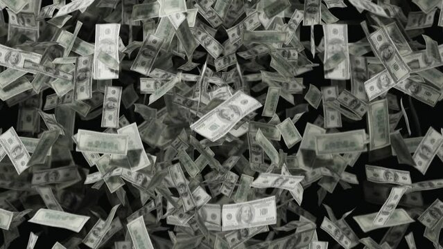 3D illustration of the 100 dollar bills banknotes falling on a black background